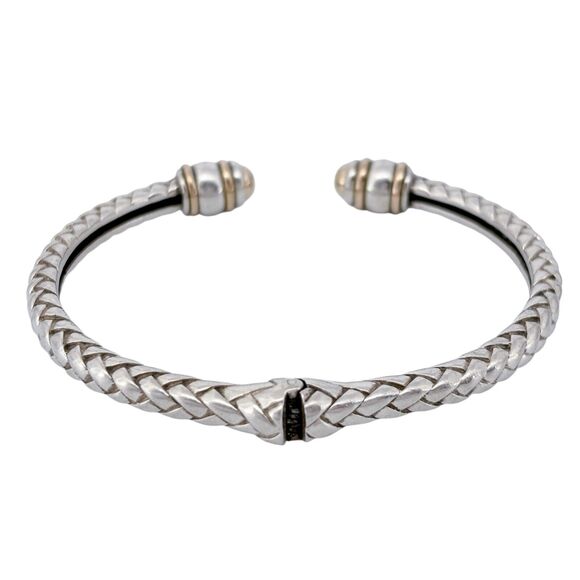 Vintage DL Sterling Silver 925 14K Gold Basket Weave Hinge Cuff Bracelet 6.25" - Picture 4 of 9